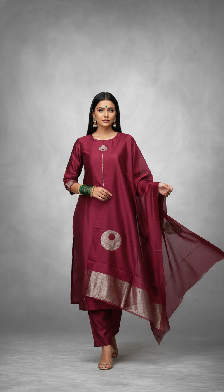 Wine Malwari Soft Silk Kurta Set with Dupatta