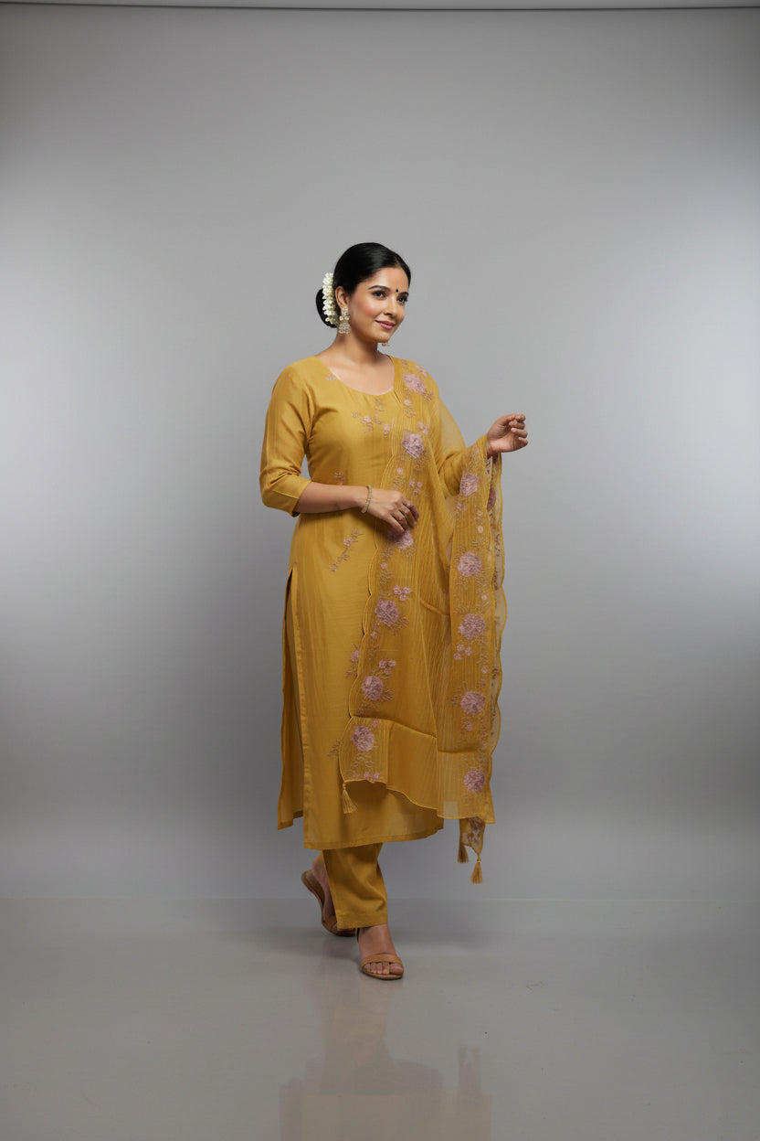 Mustard Yellow Floral Embroidered Kurta Set with Organza Dupatta
