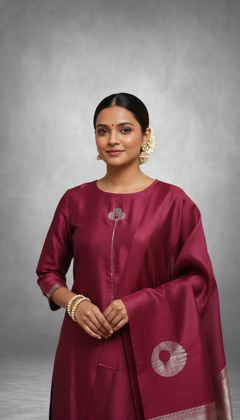 Wine Malwari Soft Silk Kurta Set with Dupatta