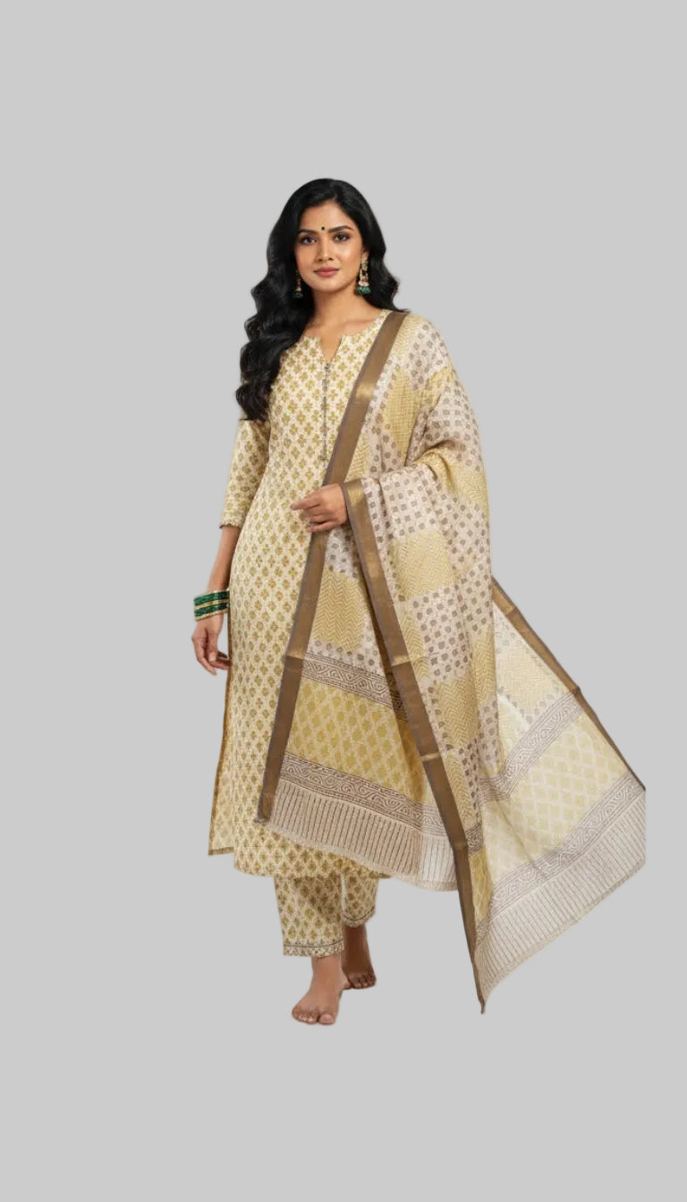 Elegant Mustard Silk Blend Kurta Set with Woven Motifs & Printed Dupatta