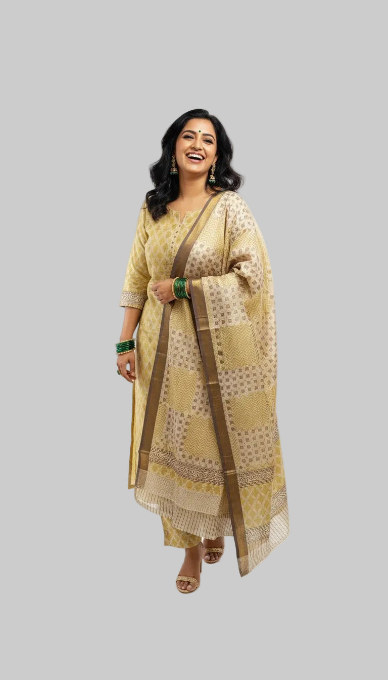 Elegant Mustard Silk Blend Kurta Set with Woven Motifs & Printed Dupatta