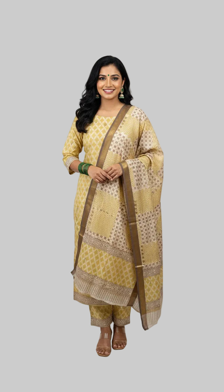 Elegant Mustard Silk Blend Kurta Set with Woven Motifs & Printed Dupatta