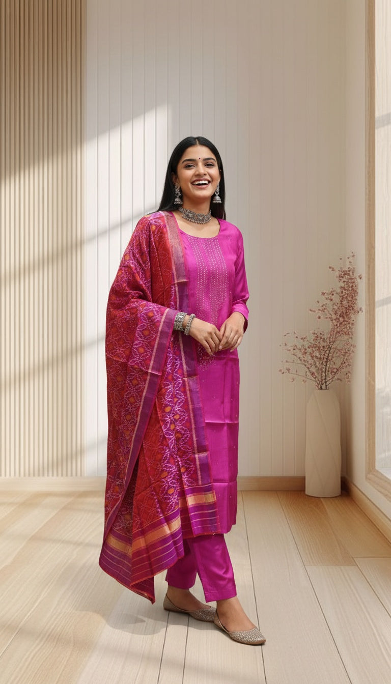 Royal Fuchsia Tussar Silk Set with Patola Dupatta