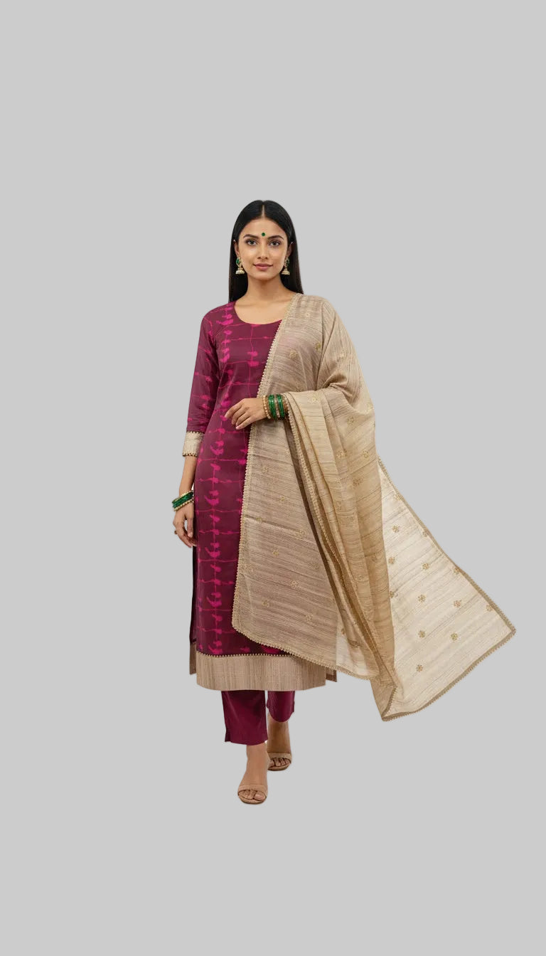 Elegant Magenta Kurta Set with Beige Dupatta