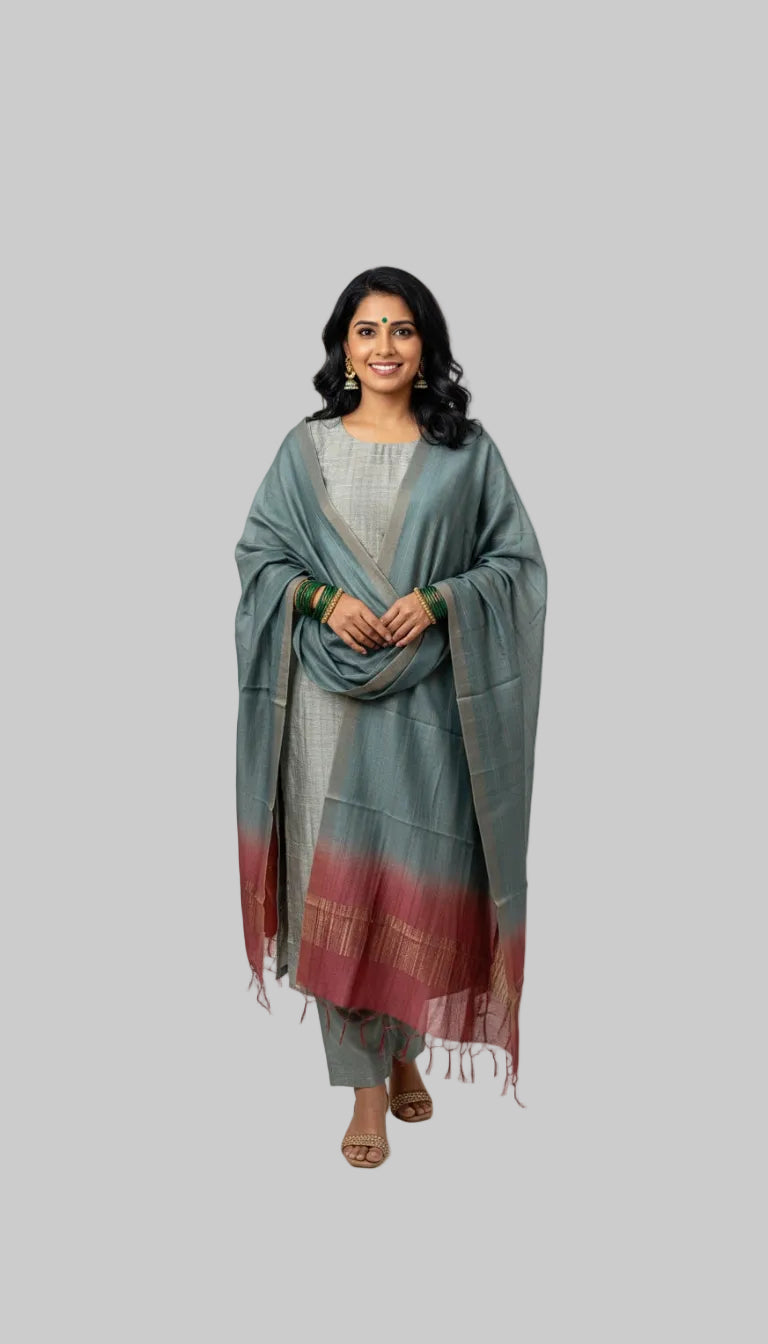 Sage Green Silk Blend Kurta Set with Ombre Woven Dupatta