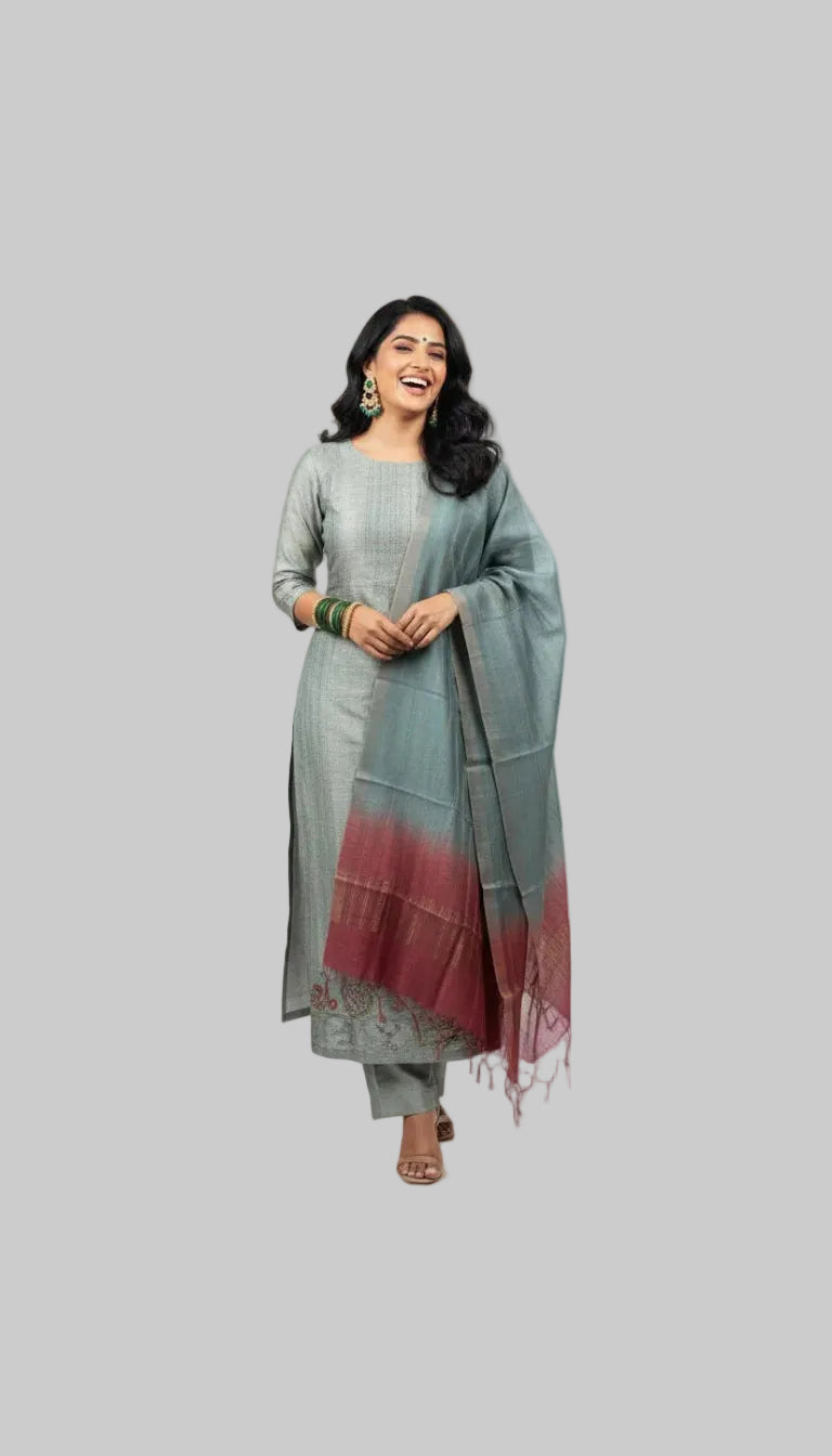 Sage Green Silk Blend Kurta Set with Ombre Woven Dupatta