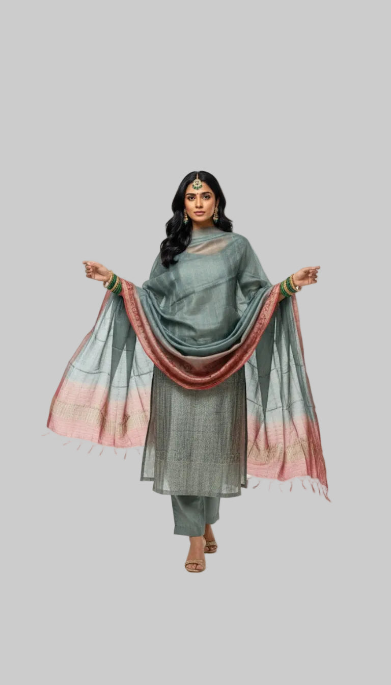 Sage Green Silk Blend Kurta Set with Ombre Woven Dupatta