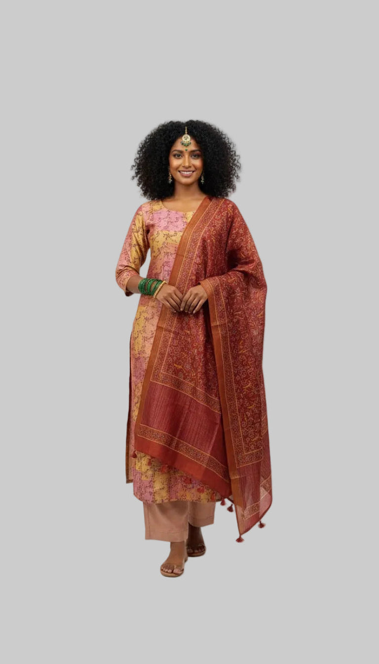 Elegant Multicolor Kurta Set with Rust Dupatta