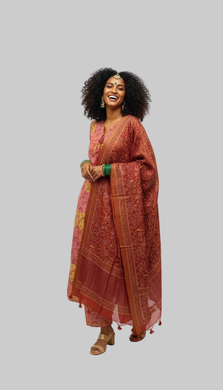Elegant Multicolor Kurta Set with Rust Dupatta