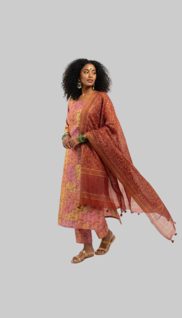 Elegant Multicolor Kurta Set with Rust Dupatta
