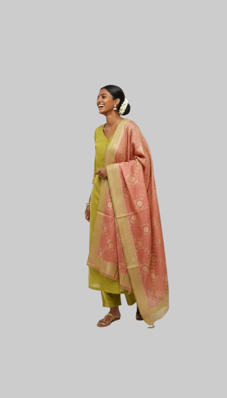 Elegant Olive Green Silk Blend Kurta Set with Contrast Dupatta