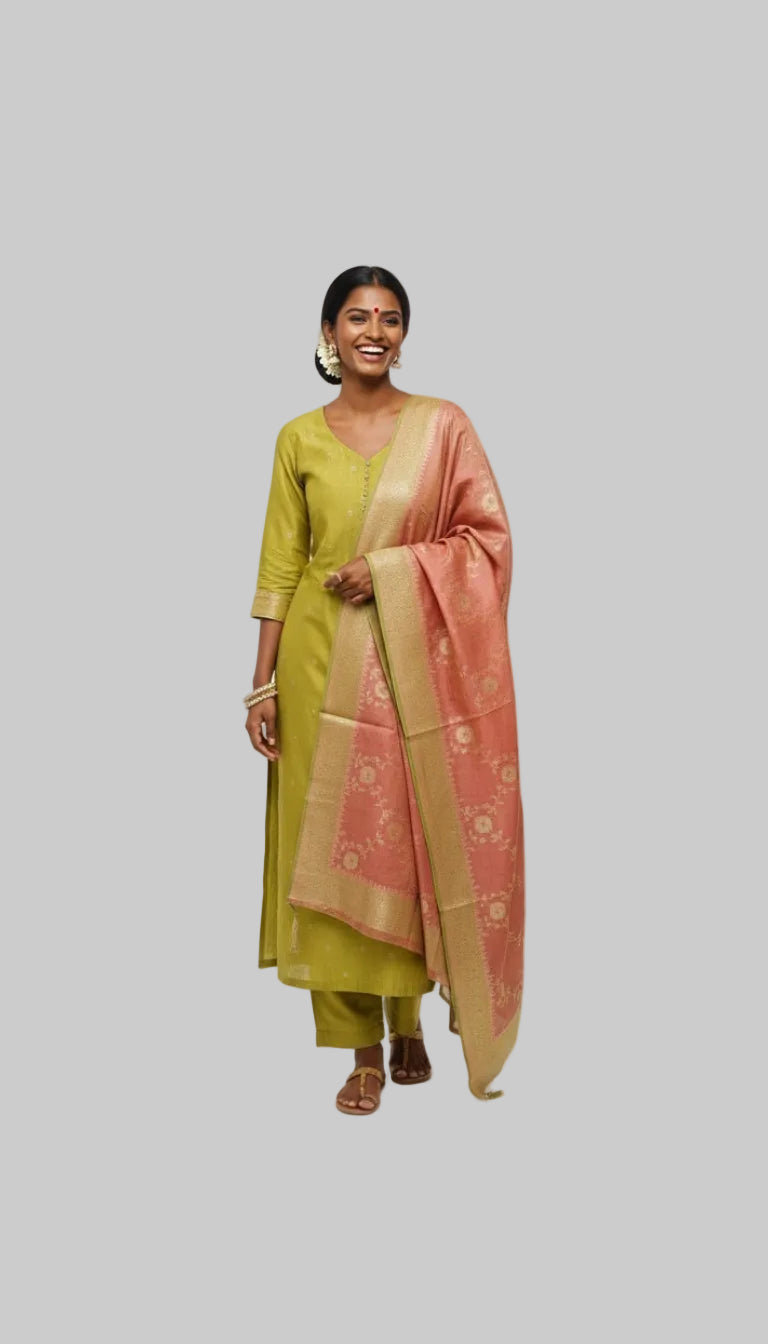 Elegant Olive Green Silk Blend Kurta Set with Contrast Dupatta