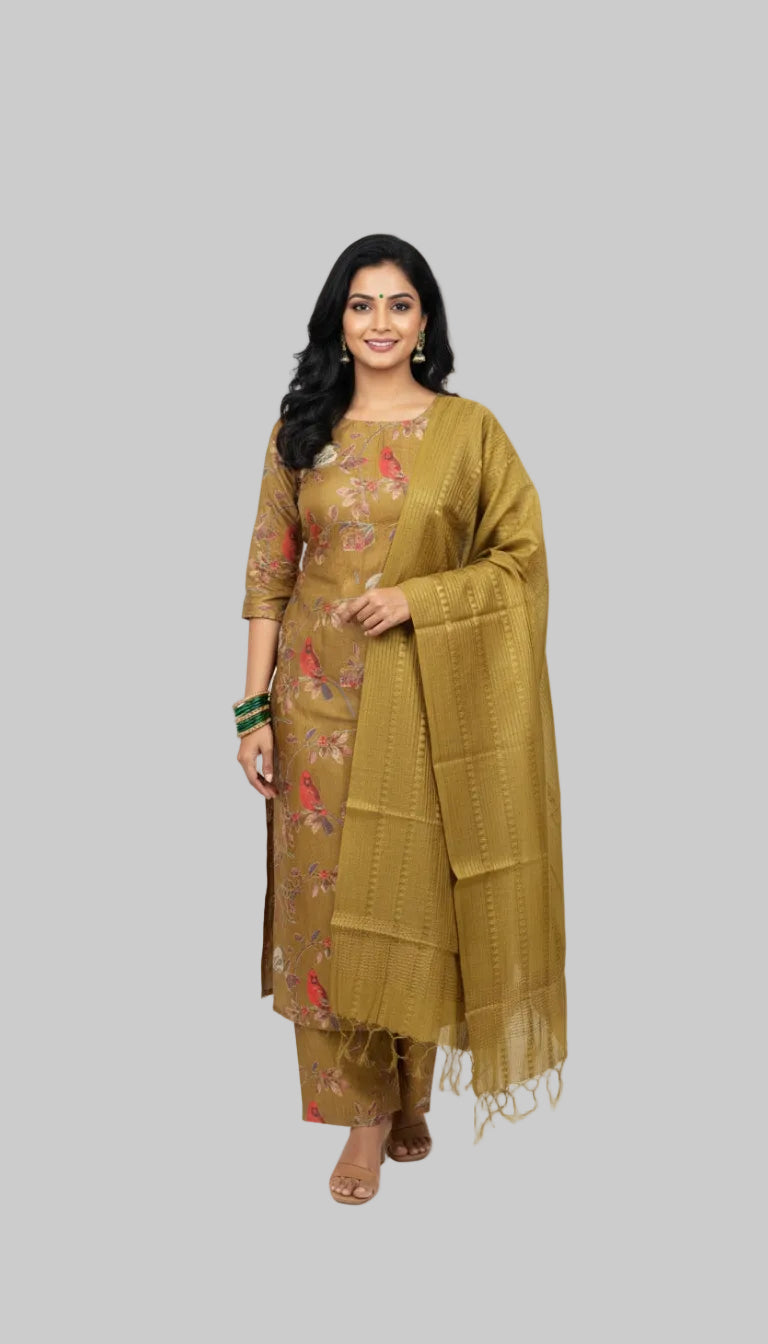Elegant Mustard Printed Kurta Set with Dupatta
