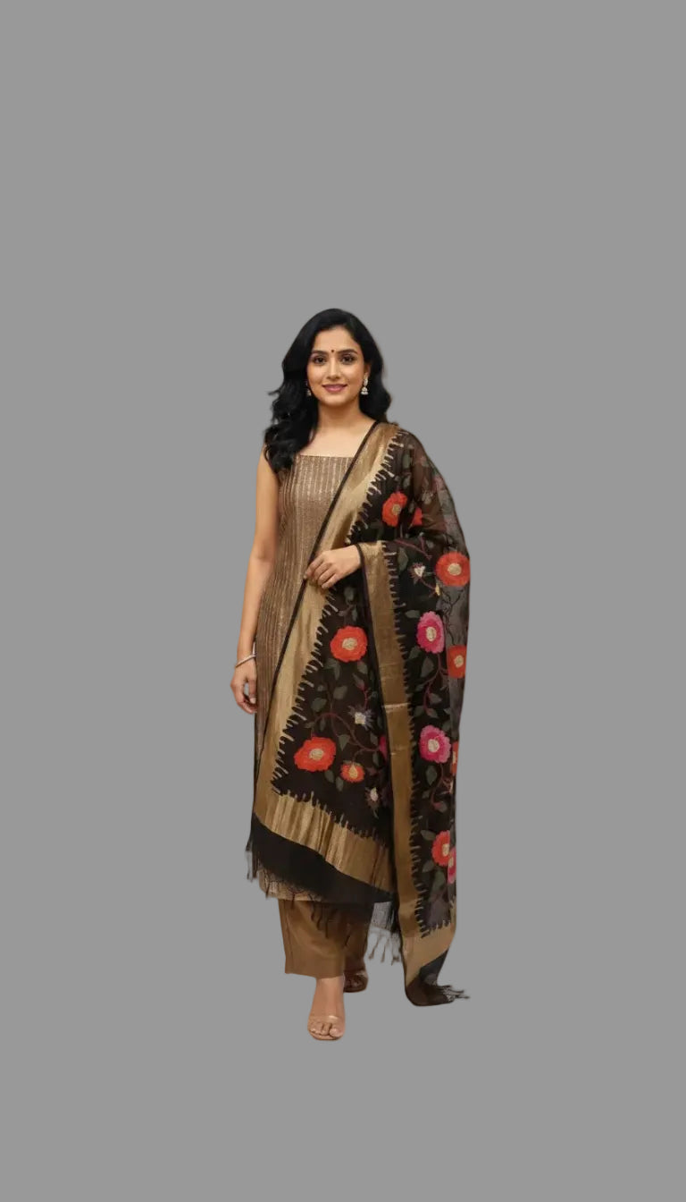 Black Handwoven Tissue Silk Suit Set