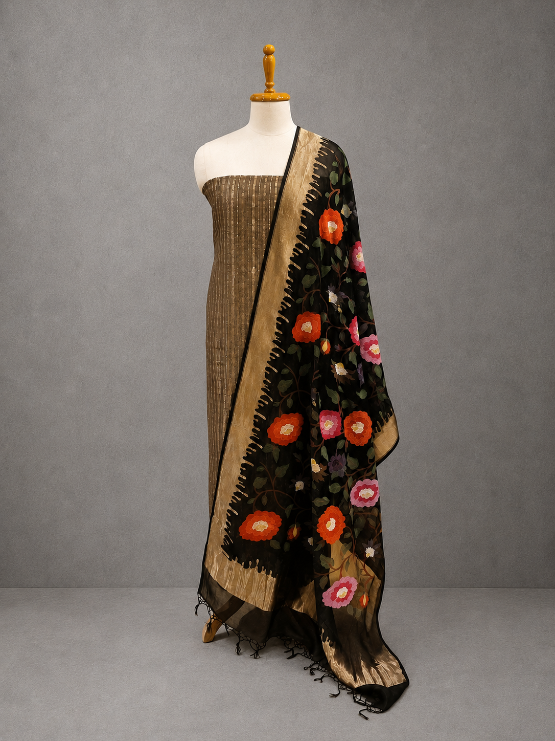 Black Handwoven Tissue Silk Suit Set