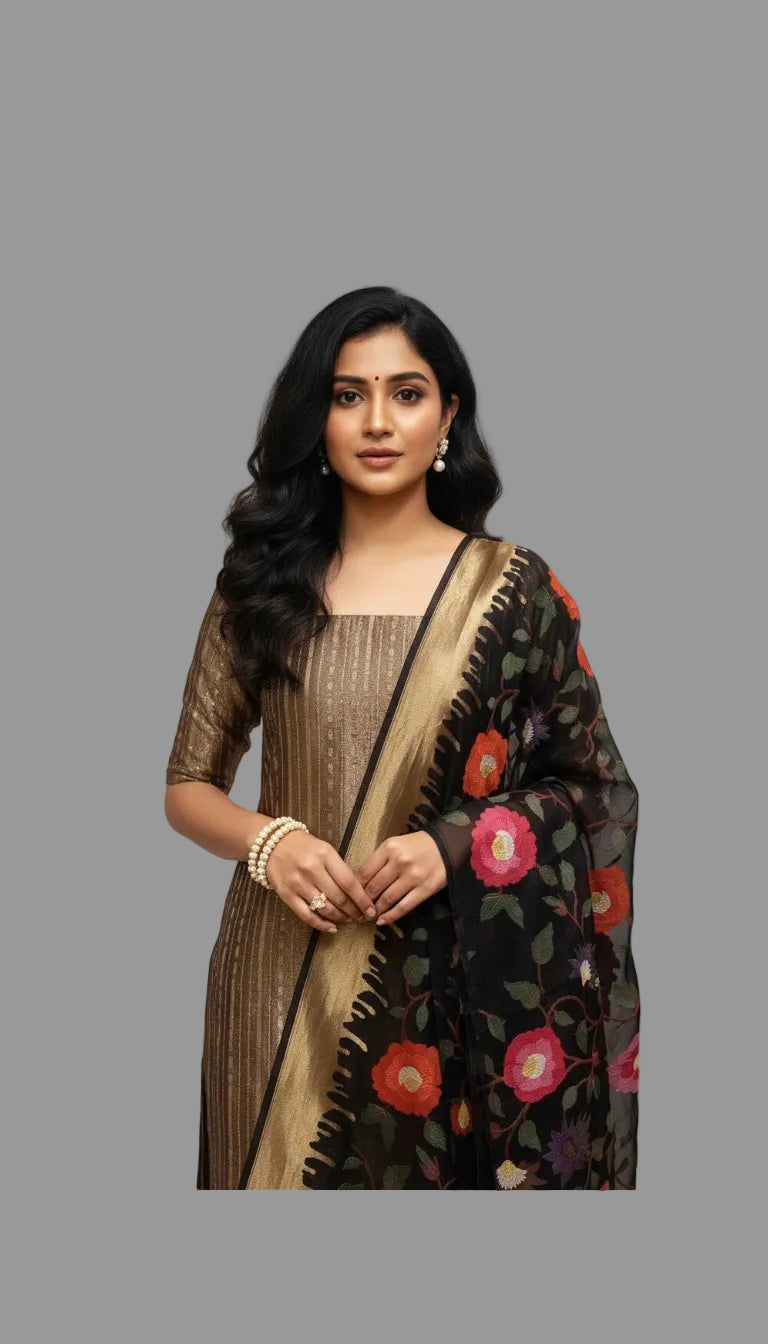 Black Handwoven Tissue Silk Suit Set