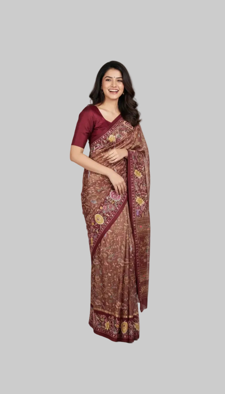 Maroon Pure Tissue Georgette Silk Saree with Handcrafted Kantha Embroidery and Embroidered Blouse