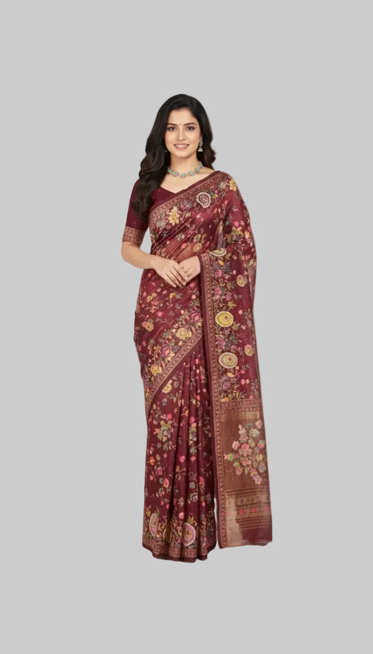 Maroon Pure Tissue Georgette Silk Saree with Handcrafted Kantha Embroidery and Embroidered Blouse
