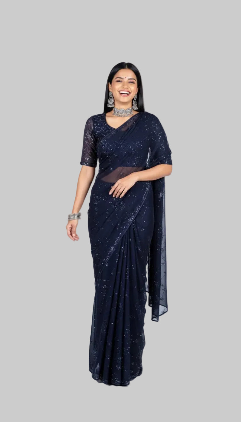 Navy Blue Swarovski Georgette Saree