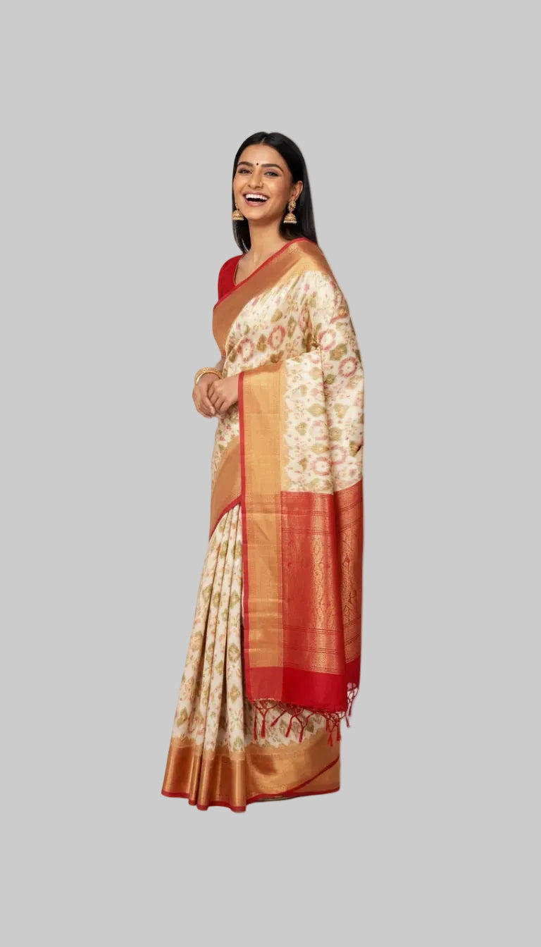 Elegant Off-White Patola Silk Saree with Red Border