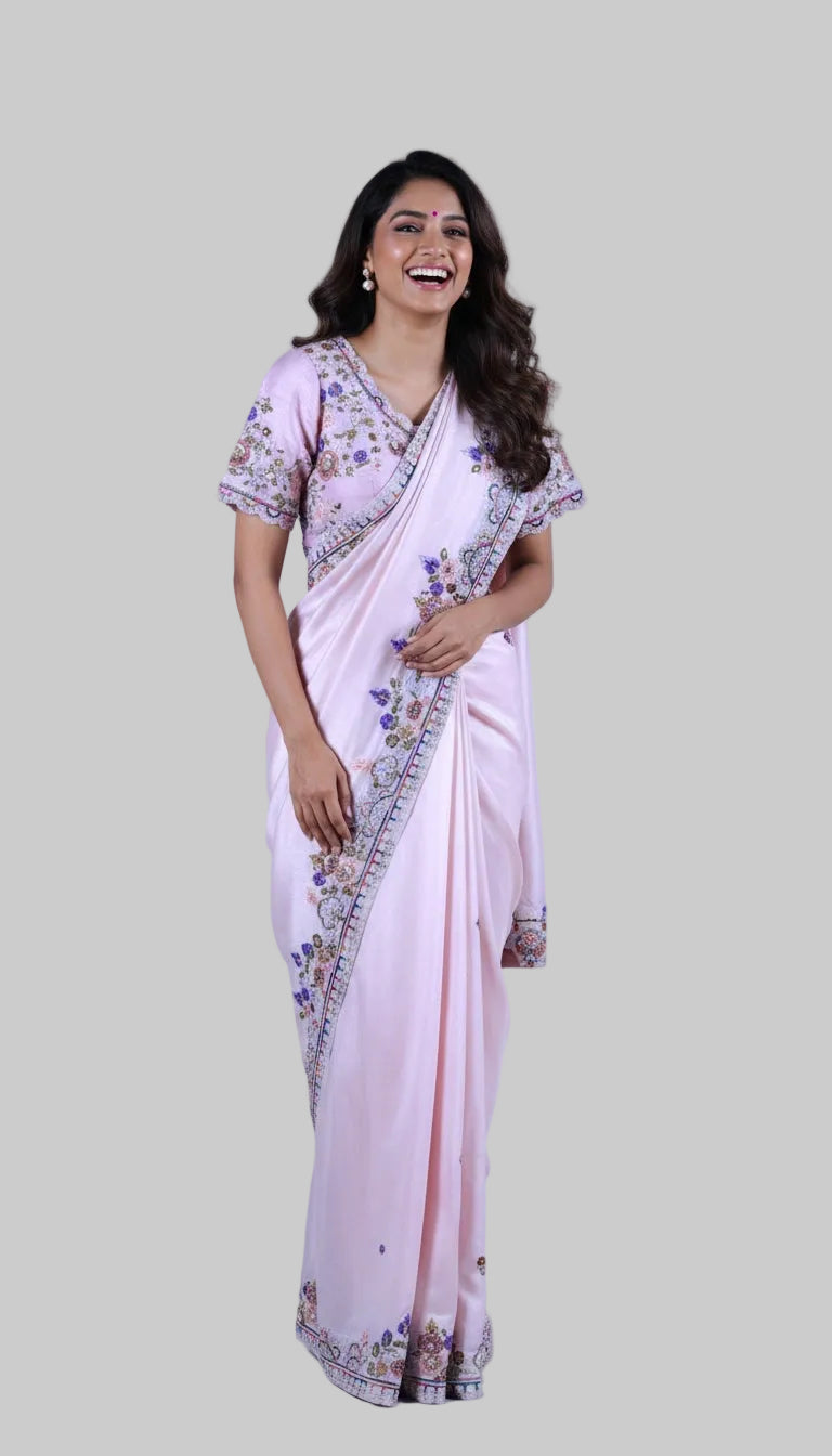 Pastel Pink Embroidered Moonga Silk Saree