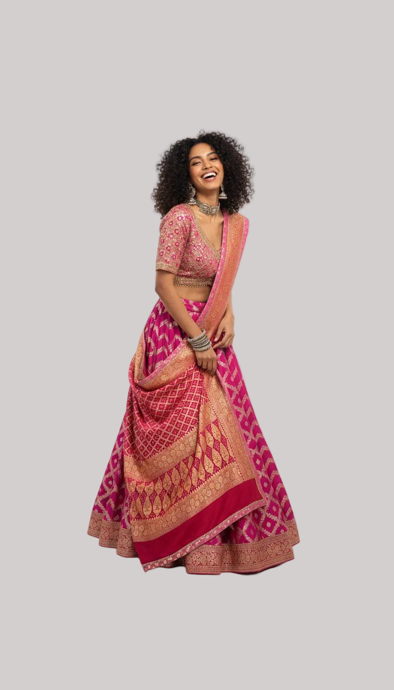 Magenta Banarasi Lehenga Set with Zari Detailing