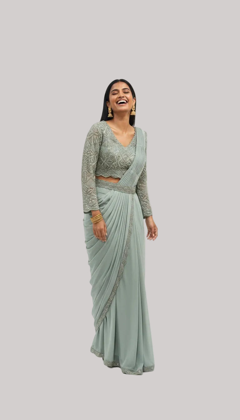 Aqua Blue Draped Saree Set with Embellished Blouse