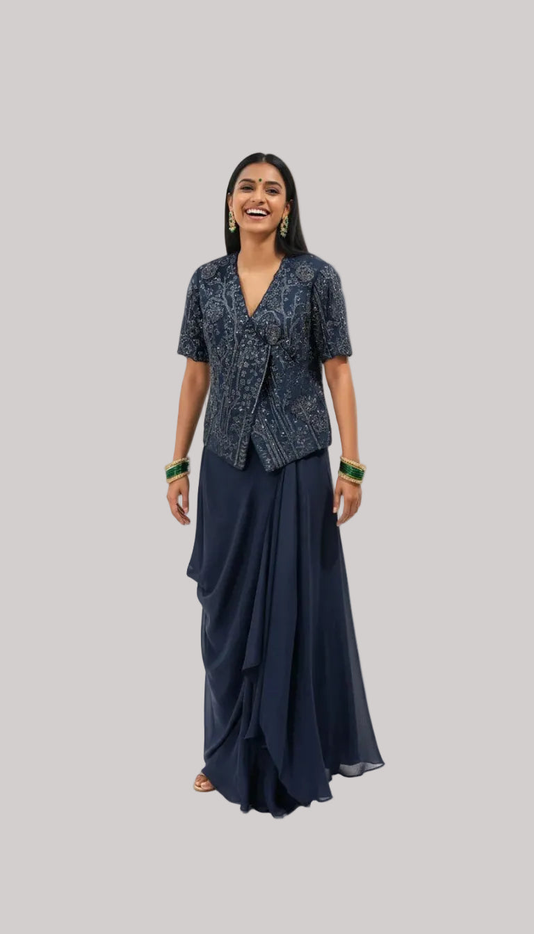 Navy Embellished Draped Skirt Set