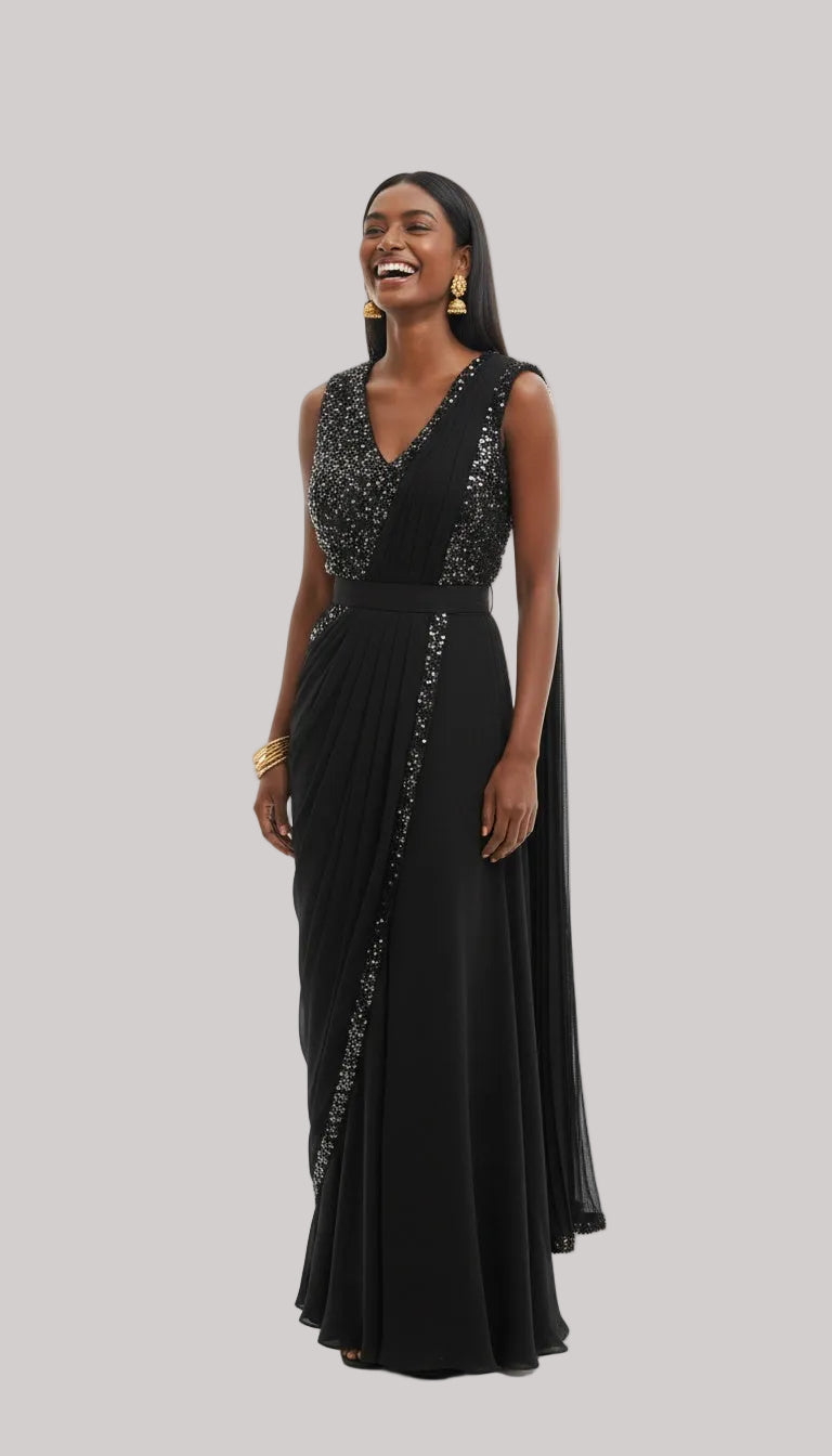 Black Embellished Draped Saree Set