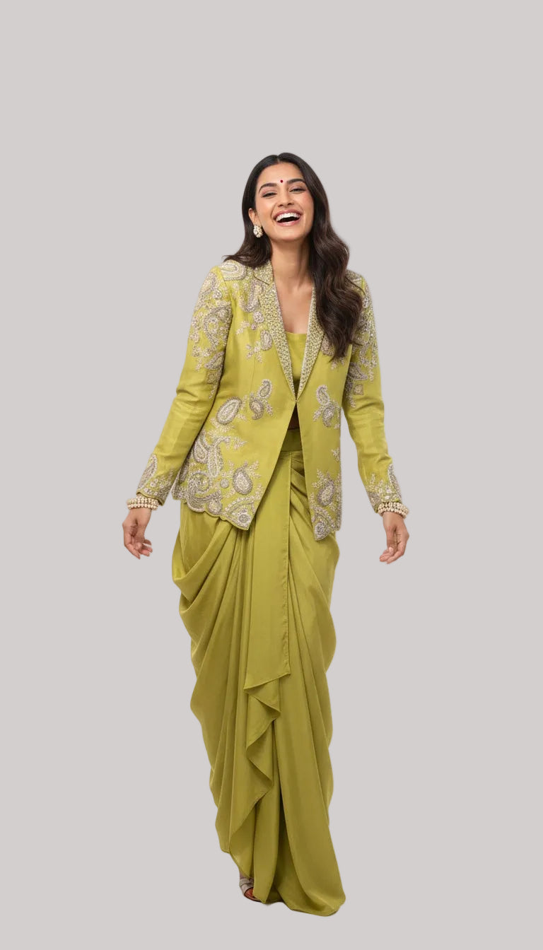 Mehndi Green Embroidered Drape Set with Jacket