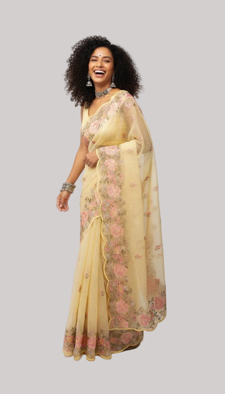 Soft Yellow Silk Saree with Floral Embroidery