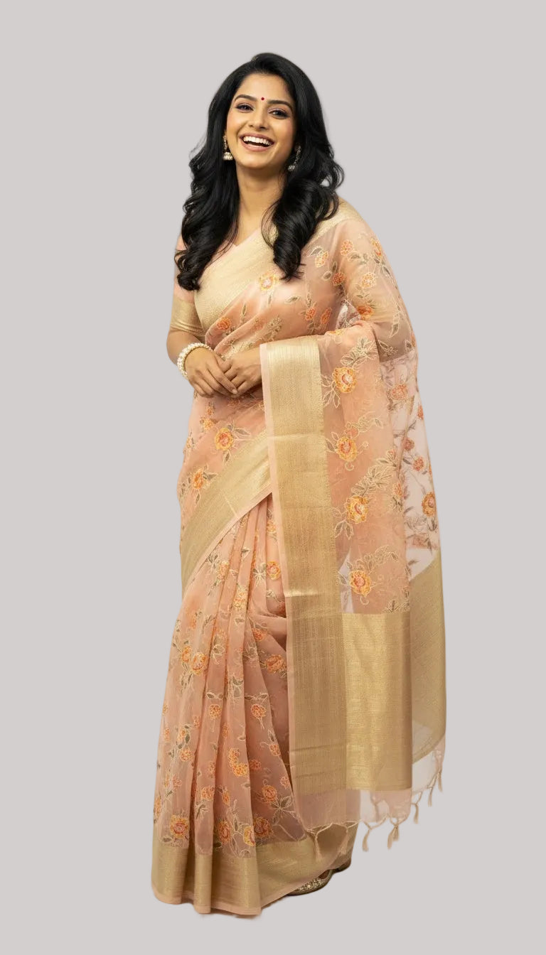 Peach Silk Saree with Delicate Floral Embroidery
