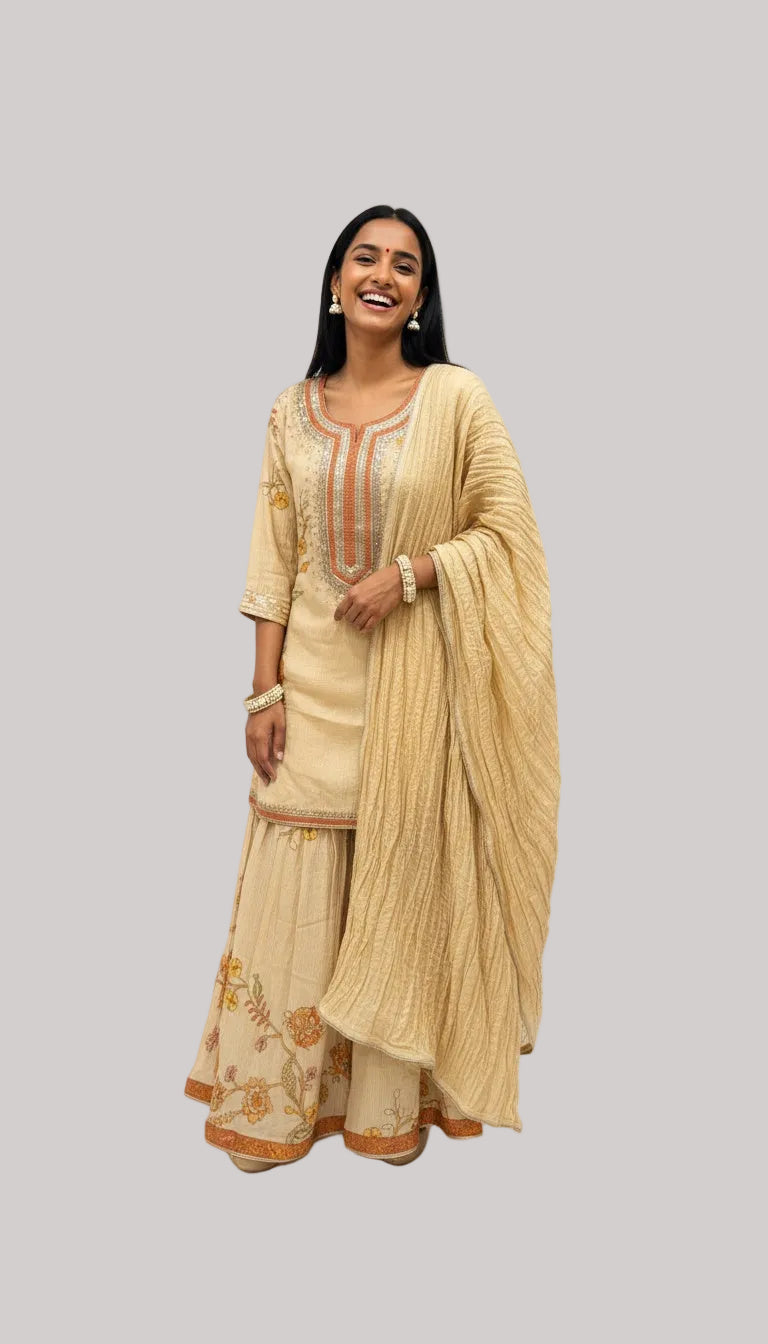 Beige Embroidered Kurta Set with Sharara &amp; Dupatta