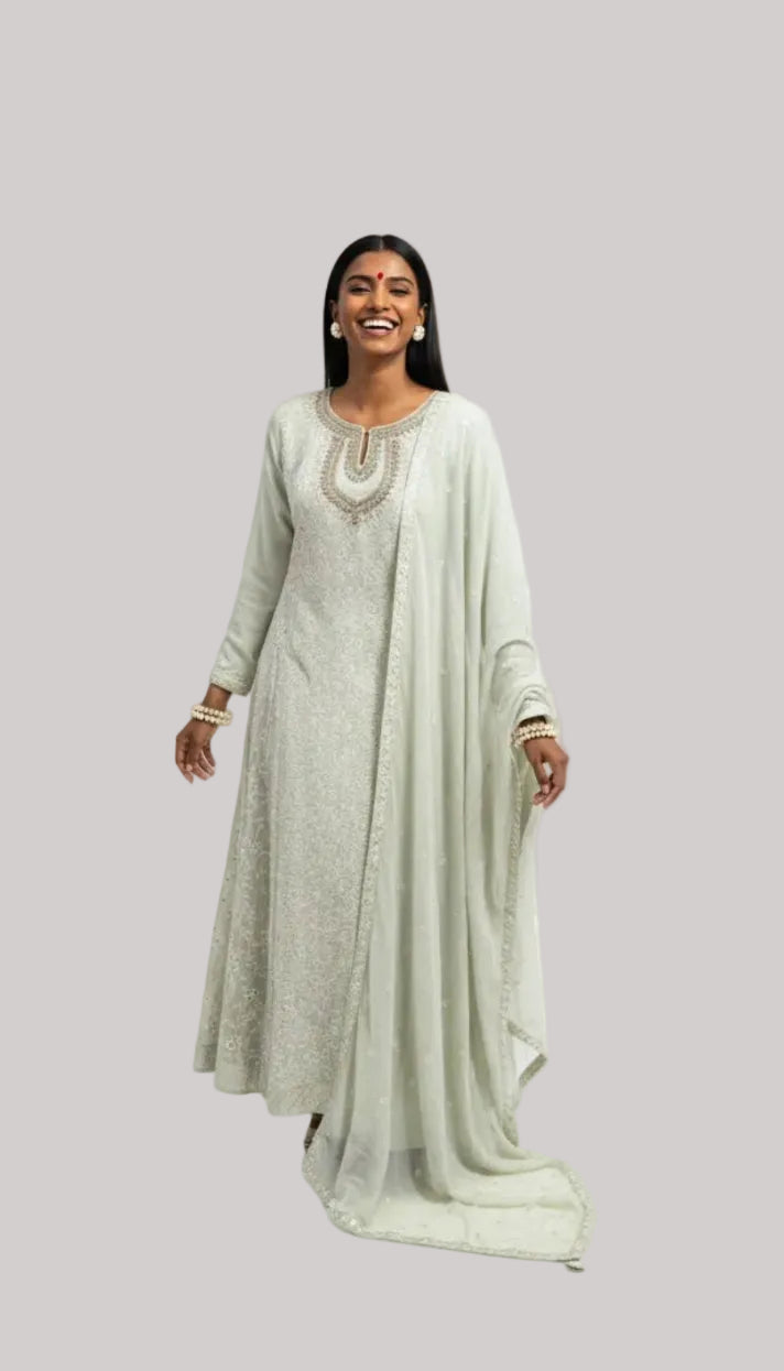 Pastel Green Embroidered Anarkali Set with Dupatta