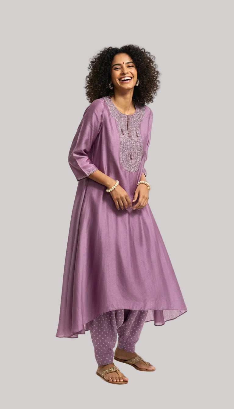Mauve Embroidered Kurta with Printed Bottoms