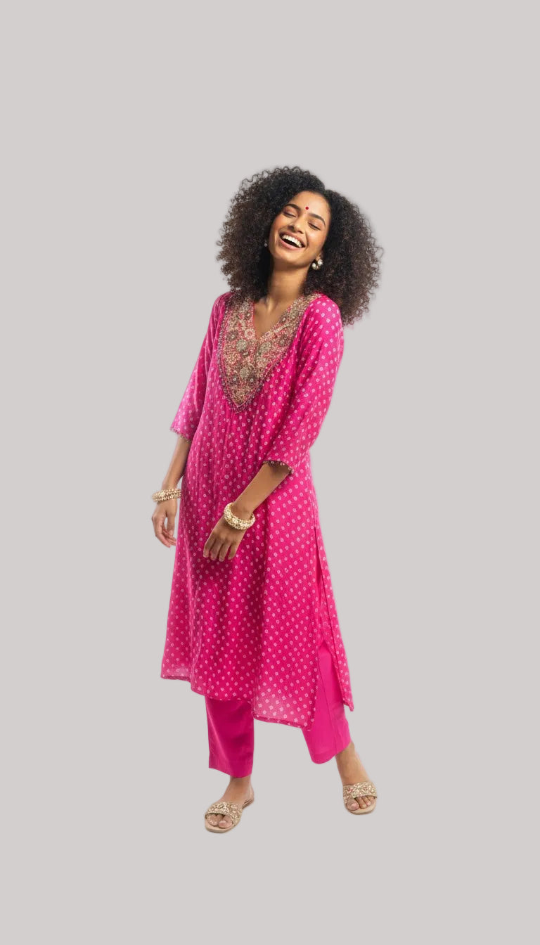 Fuchsia Embroidered Kurta with Solid Pants