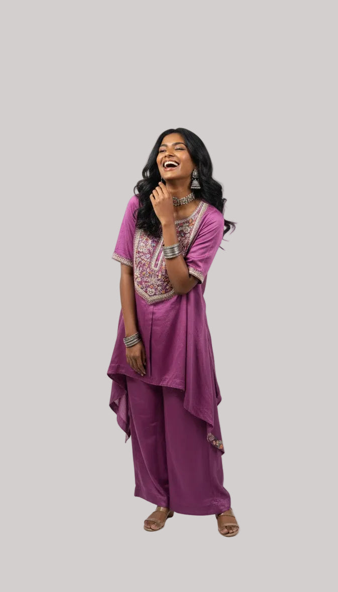 Plum Embroidered High-Low Kurta with Solid Pants