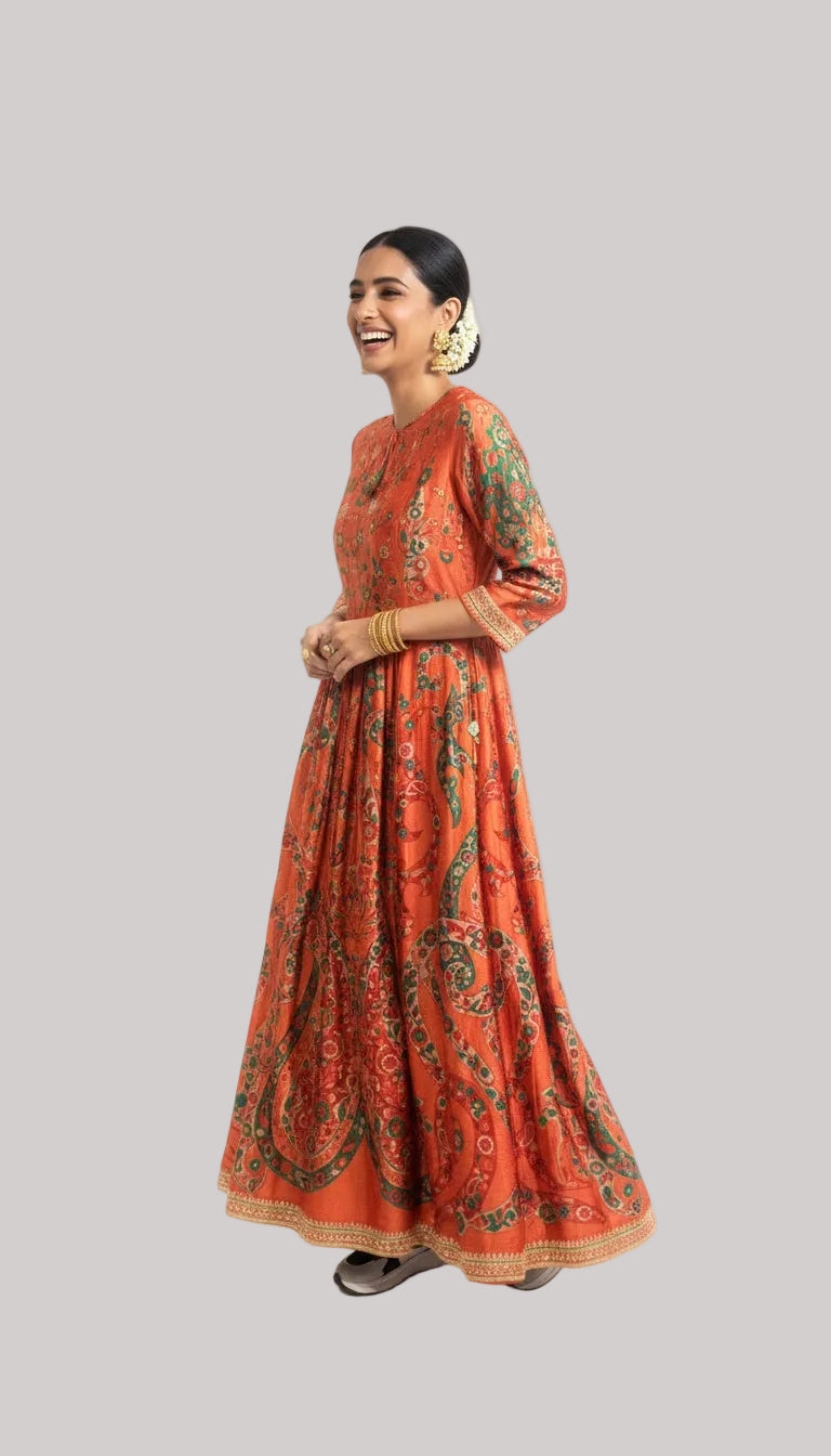 Rust Orange Printed Kurta with Solid Pants