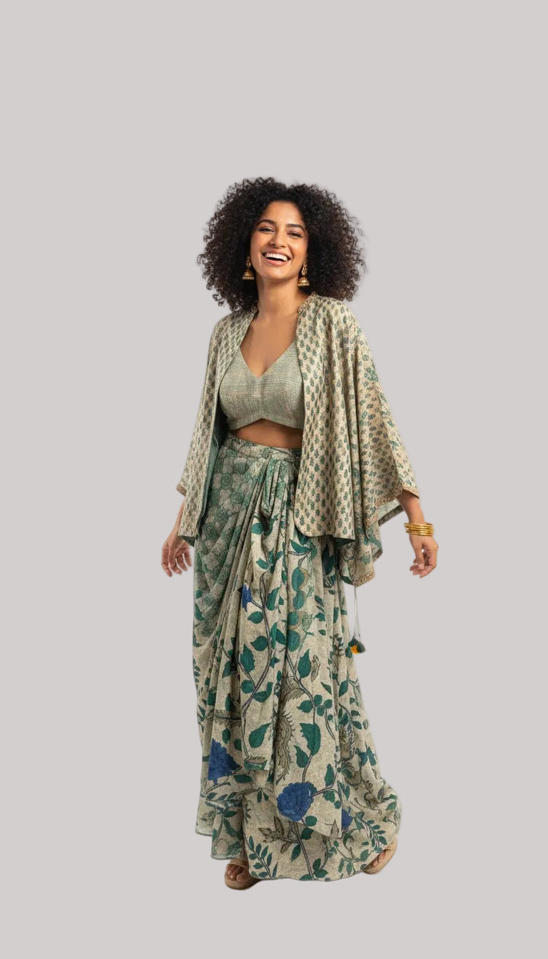 Sage Green Printed Cape with Blouse &amp; Draped Skirt