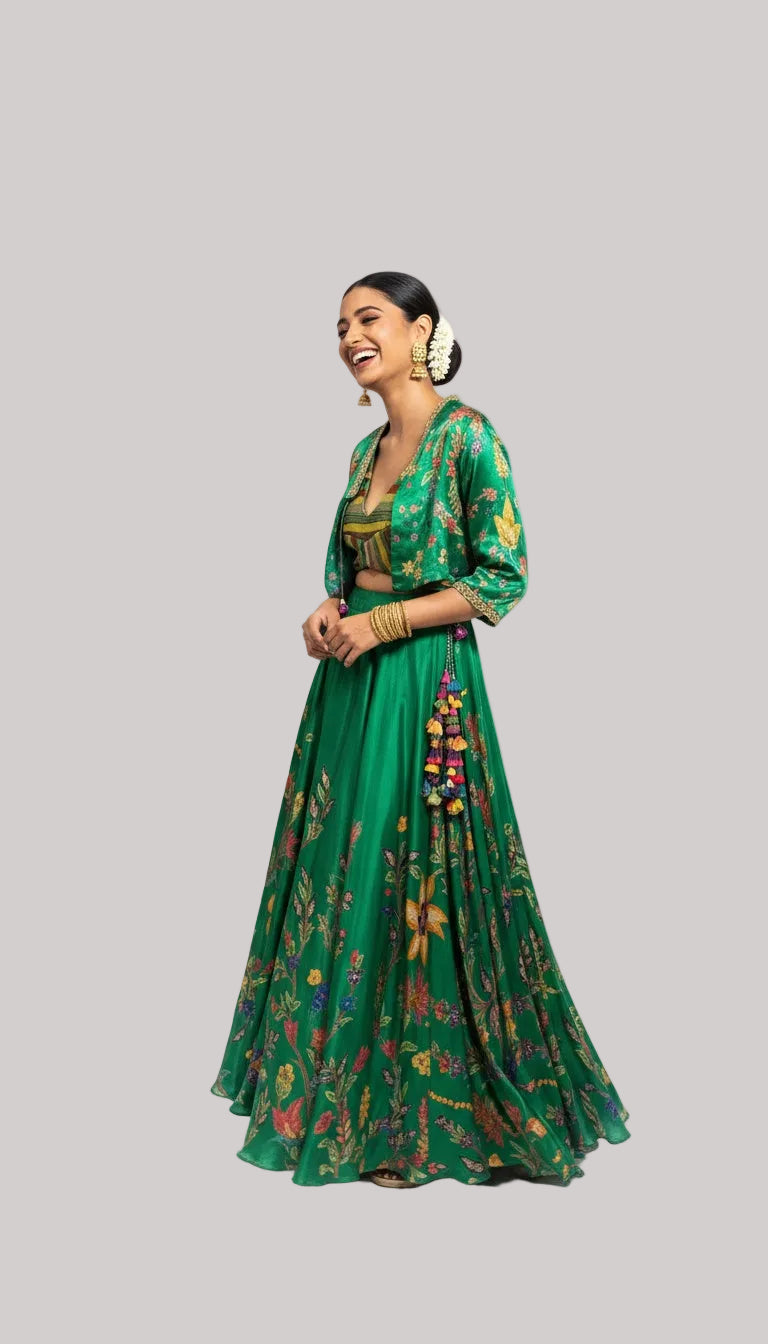 Emerald Green Floral Lehenga Set with Jacket