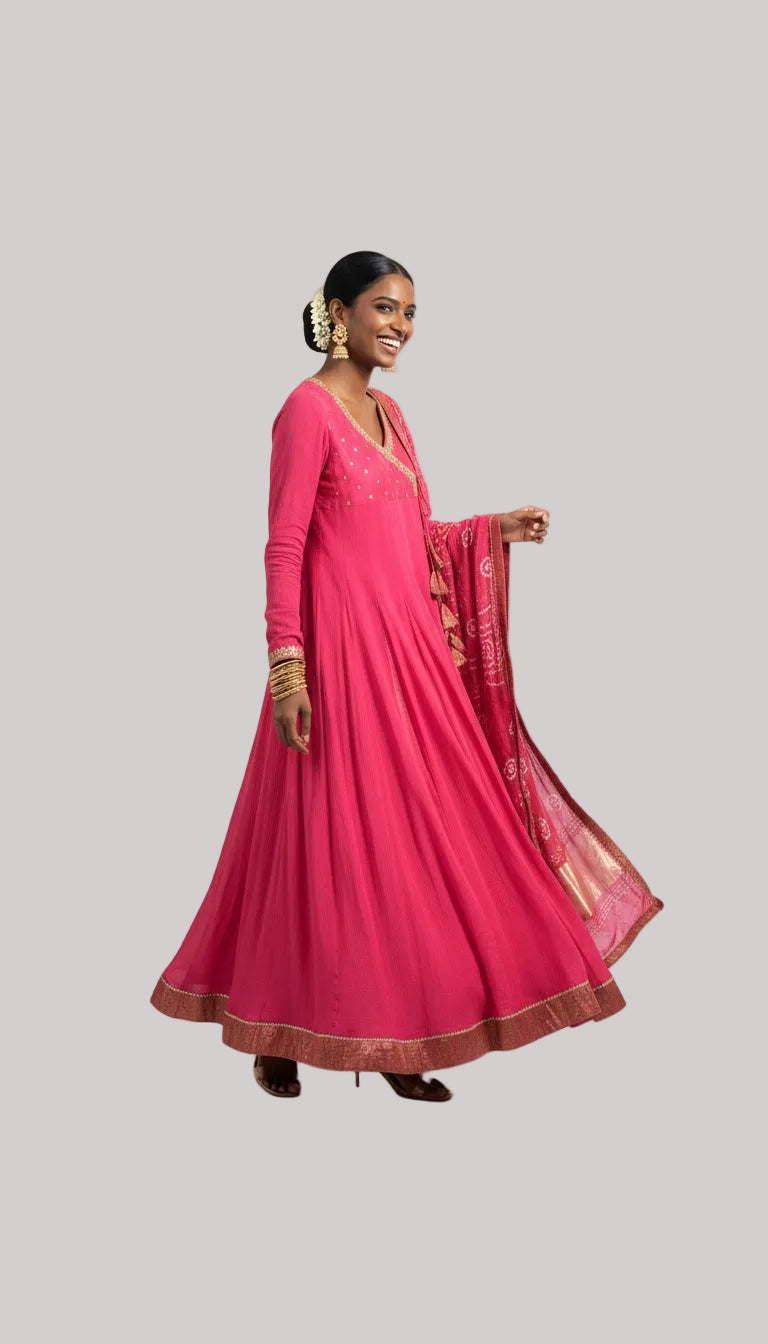 Hot Pink Silk Anarkali Suit Set with Bandhani Dupatta