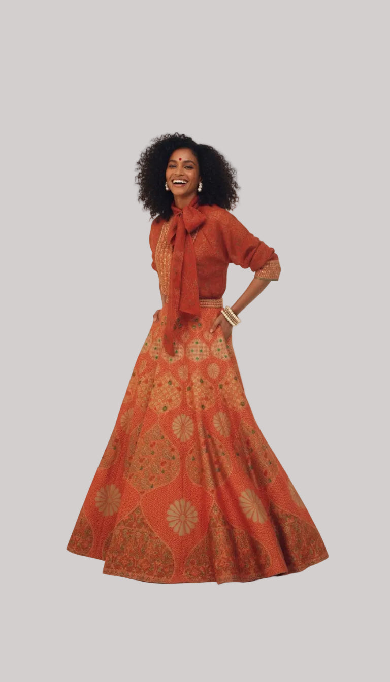 Rust Orange Printed Lehenga Set with Tie-Up Blouse