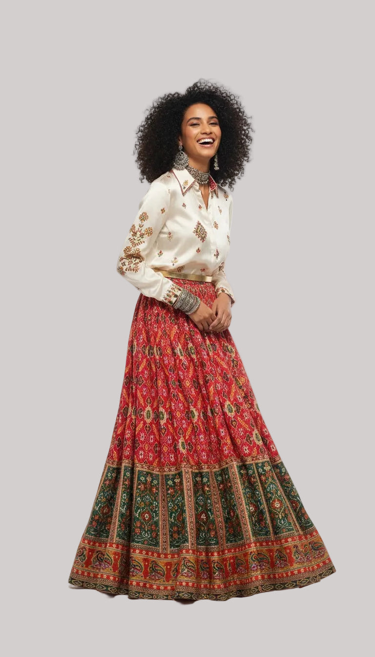 Red Printed Lehenga Skirt with Embroidered Shirt