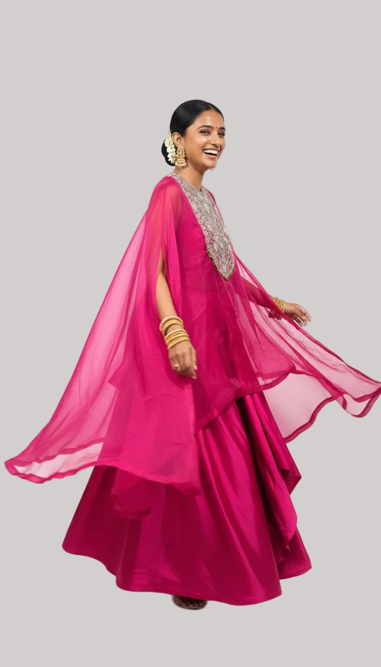 Fuchsia Pink Drape Skirt Set with Sheer Cape