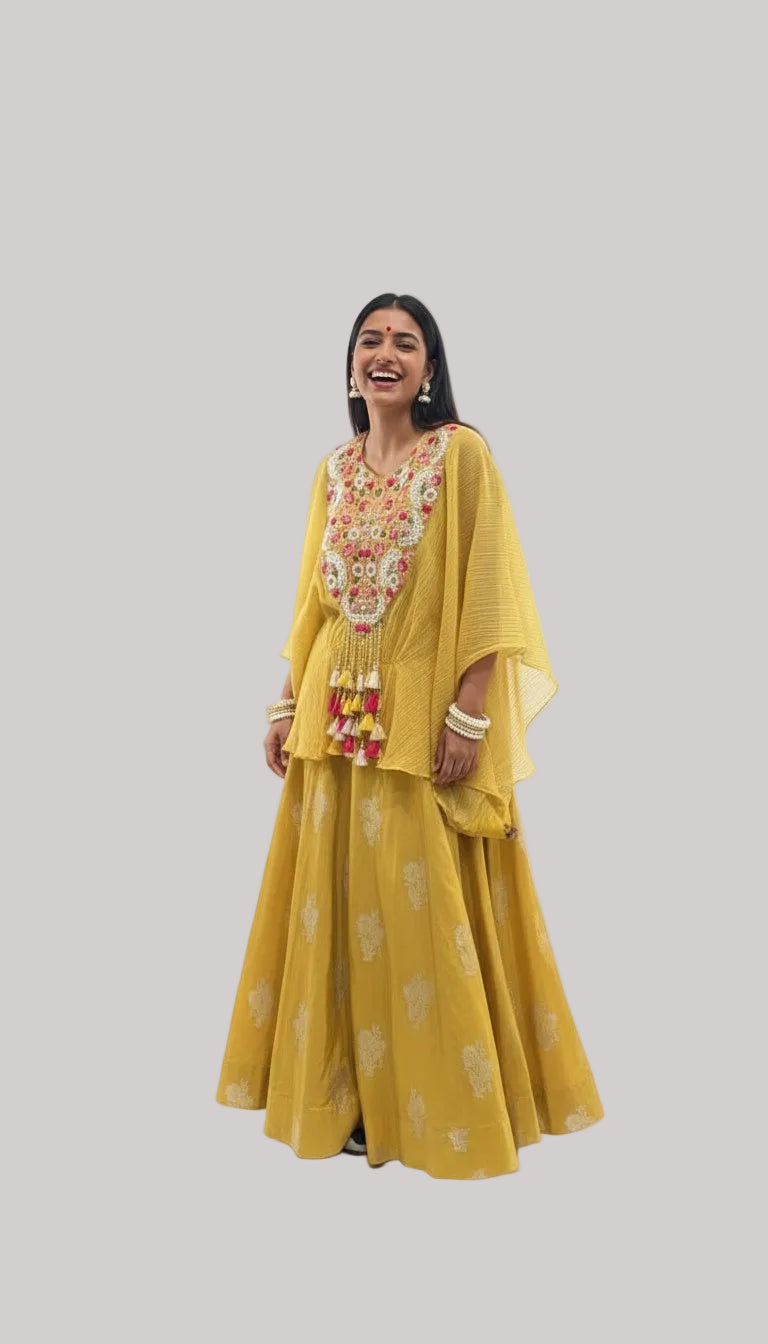 Mustard Yellow Embroidered Lehenga Set with Cape