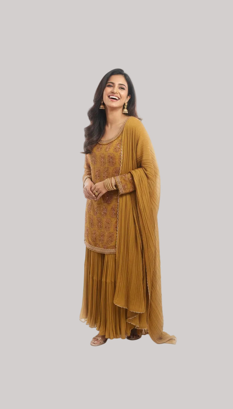 Mustard Embroidered Kurta Set with Pleated Sharara