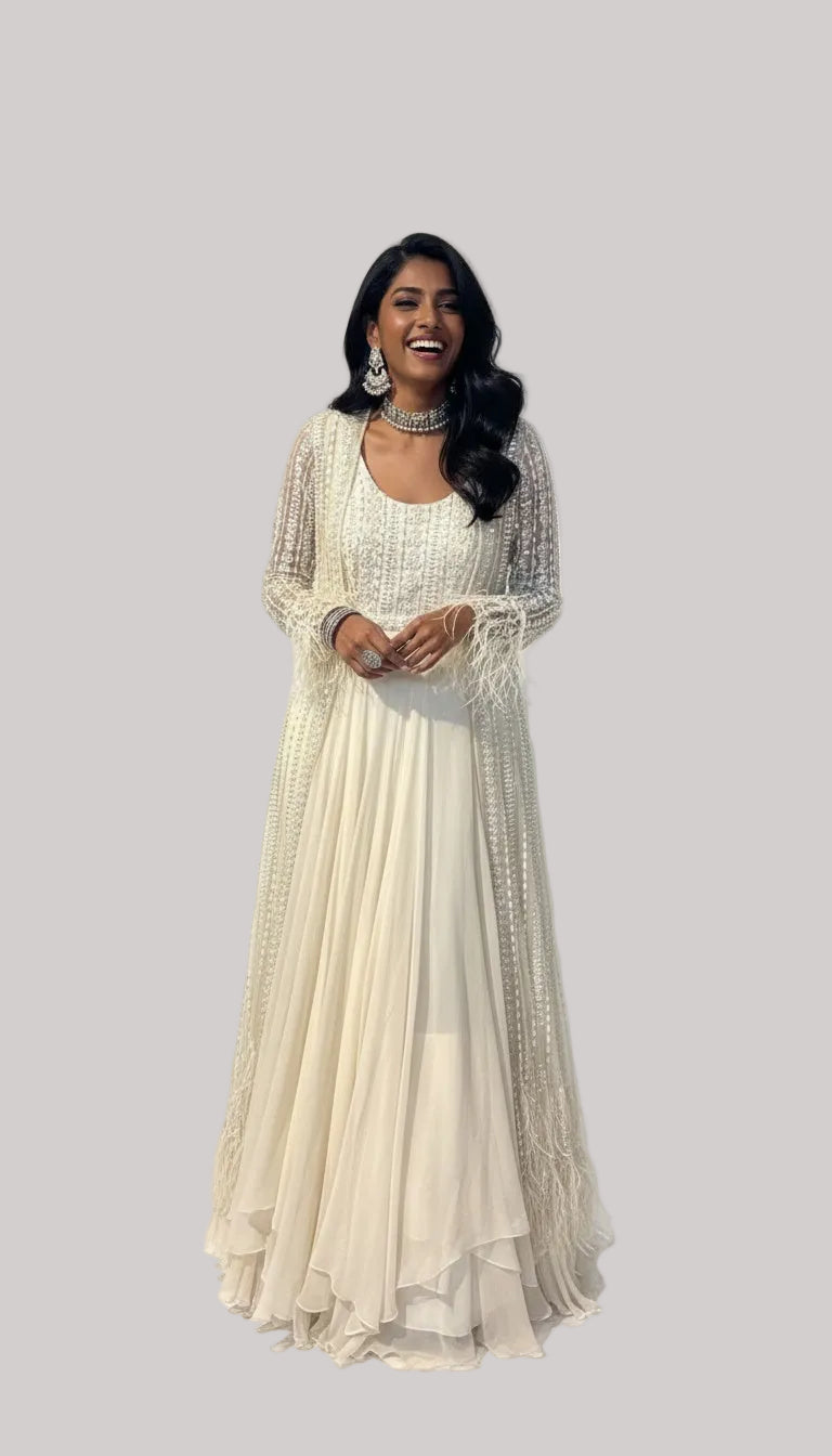 Ivory Embellished Anarkali Gown with Sheer Jacket