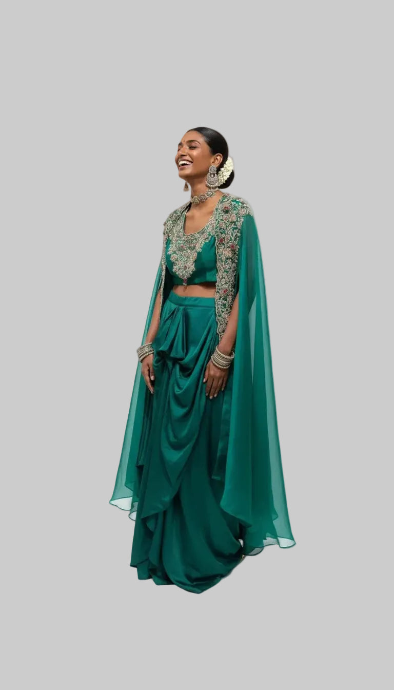 Emerald Green Silk Cape Set