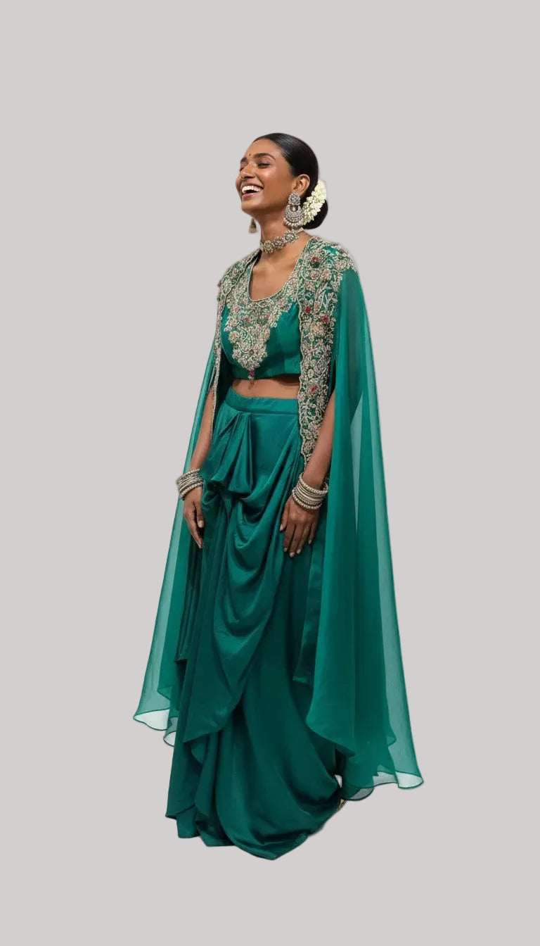 Emerald Green Silk Cape Set