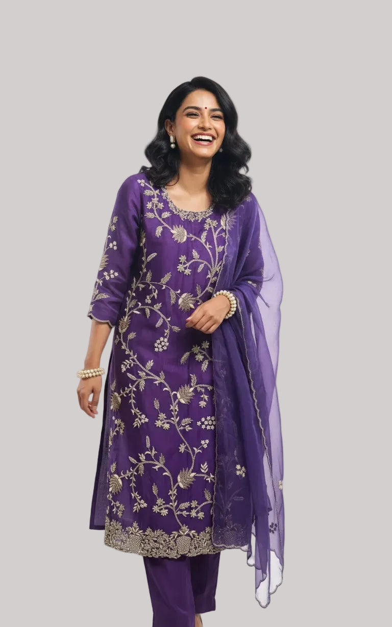 Purple Silk Kurta Set with Embroidered Dupatta